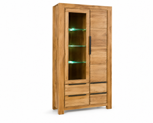 Vitrine SINA – Wildeiche Teilfurnier mit Glastür & 4 Schubkästen