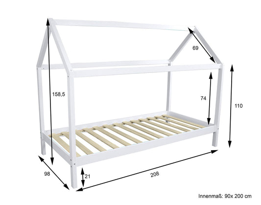 Hausbett Kinderbett Kiefer massiv weiß lackiert 90 x 200 Hytte 1 ohne Rollrost
