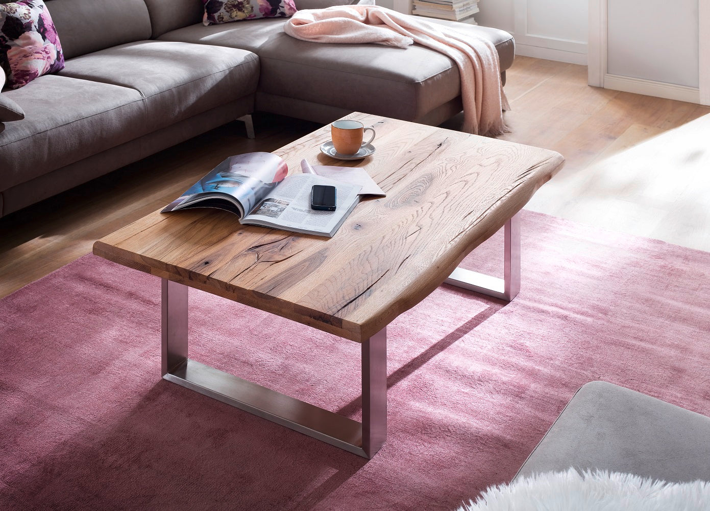 Couchtisch Baumkantentisch Zerreiche-massiv U-Form rechteckig geölt 120 cm