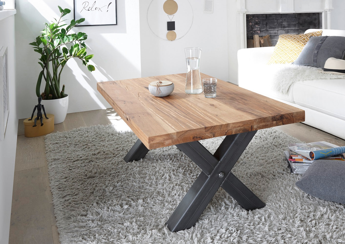 Couchtisch Baumkantentisch Wildeiche-massiv X-Form rechteckig geölt 120 cm