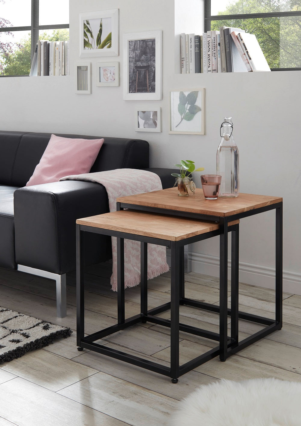 Couchtisch Tisch 2er Set Asteiche-massiv quadratisch schwarz geölt 50 cm Sakur
