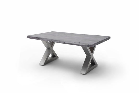Couchtisch Baumkantentisch Akazie-massiv X-Form rechteckig grau lackiert 110 cm