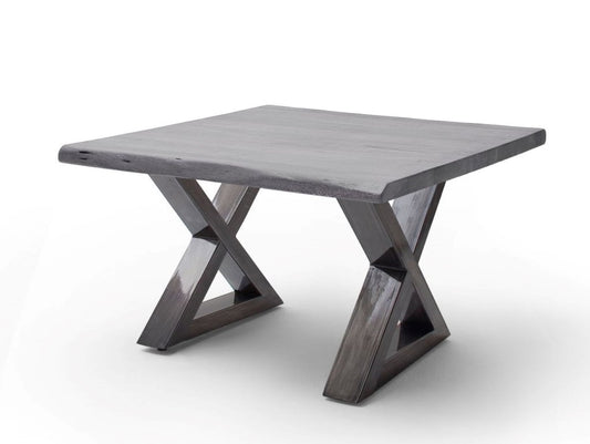 Couchtisch Baumkantentisch Akazie-massiv X-Form quadratisch grau lackiert 75 cm