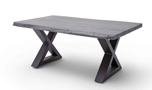Couchtisch Baumkantentisch Akazie-massiv X-Form rechteckig grau lackiert 110 cm