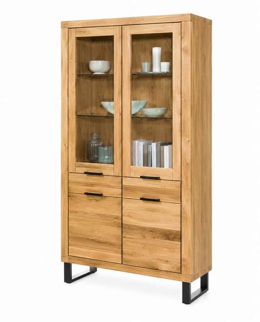 Vitrine TINA – Eiche teilmassiv mit 4 Türen und schwarzen Metallkufen