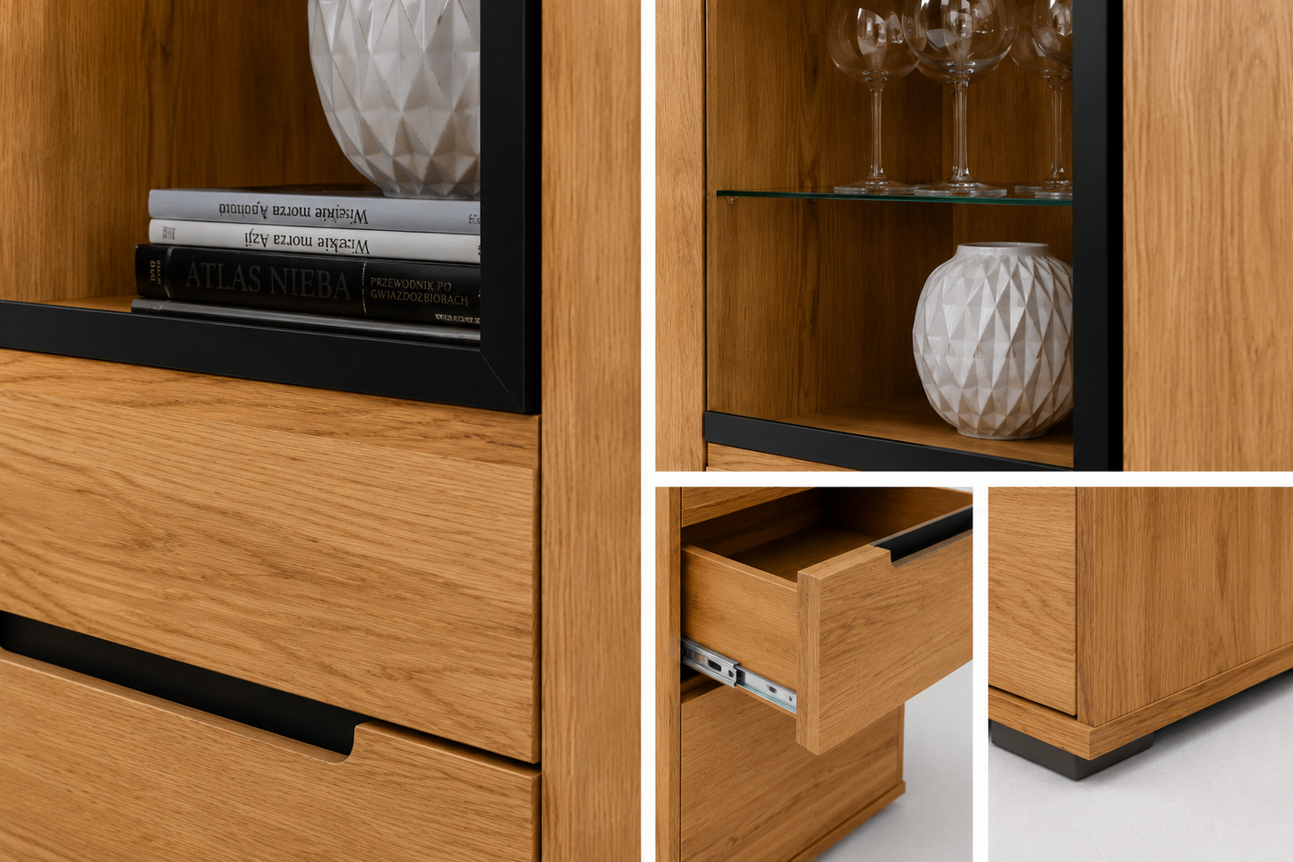 Highboard LOLA – Eiche teilmassiv mit Glastüren und Soft-Close