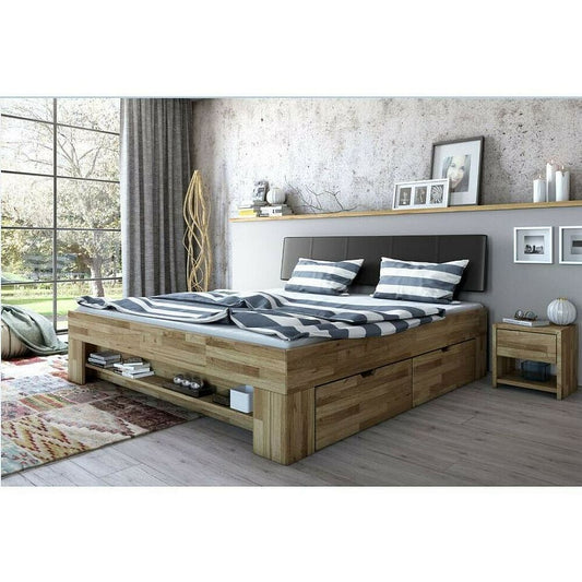 Bett Futonbett Wildeiche massiv Holz geölt 180 x 200 cm Kopfteil gepolstert Sabina