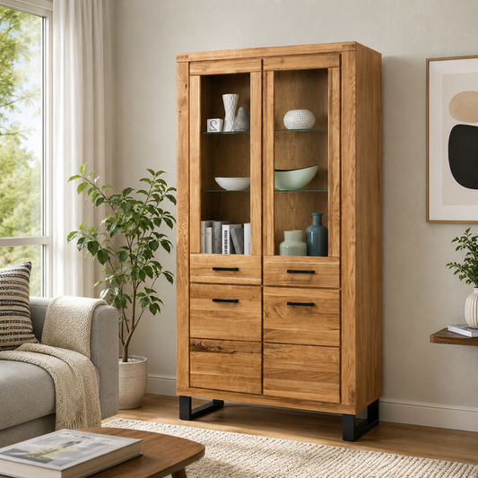 Vitrine Schrank Glastür Wildeiche teilmassiv Natur geölt Tiara 110 cm