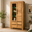 Vitrine SINA – Wildeiche Teilfurnier mit Glastür &amp; 4 Schubkästen