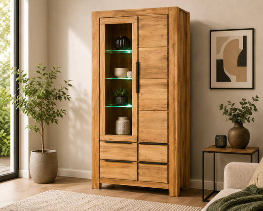 Vitrine SINA – Wildeiche Teilfurnier mit Glastür &amp; 4 Schubkästen