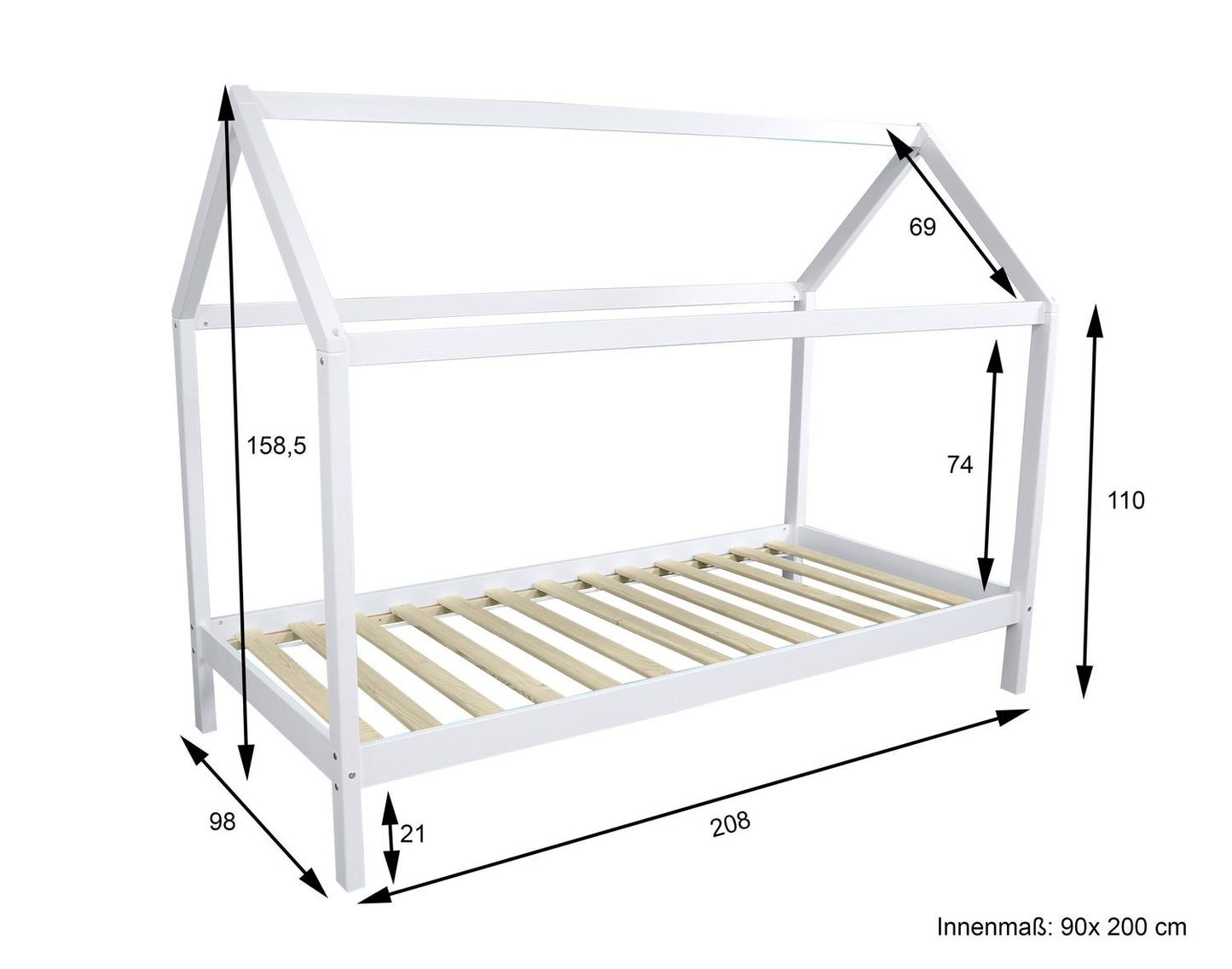 Hausbett Kinderbett Kiefer massiv weiß lackiert 90 x 200 Hytte 1 ohne Rollrost
