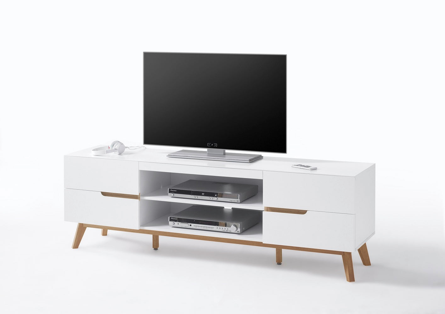 TV-Schrank Lowboard weiß matt MDF Asteiche furniert Massivholz 169 cm Cervin