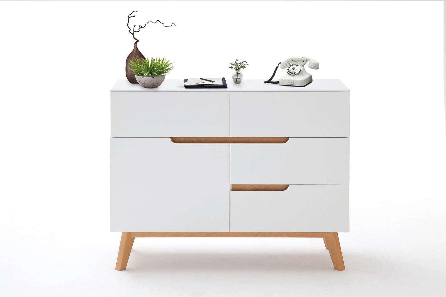 Kommode Schrank weiß matt MDF Asteiche furniert Massivholz 97 cm T01 Cervin