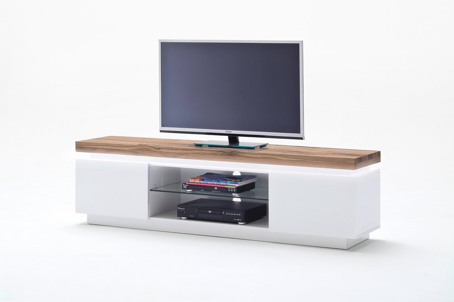 TV-Schrank Lowboard weiß matt MDF Eiche massiv Fach Grifffräsung 175 cm Romino