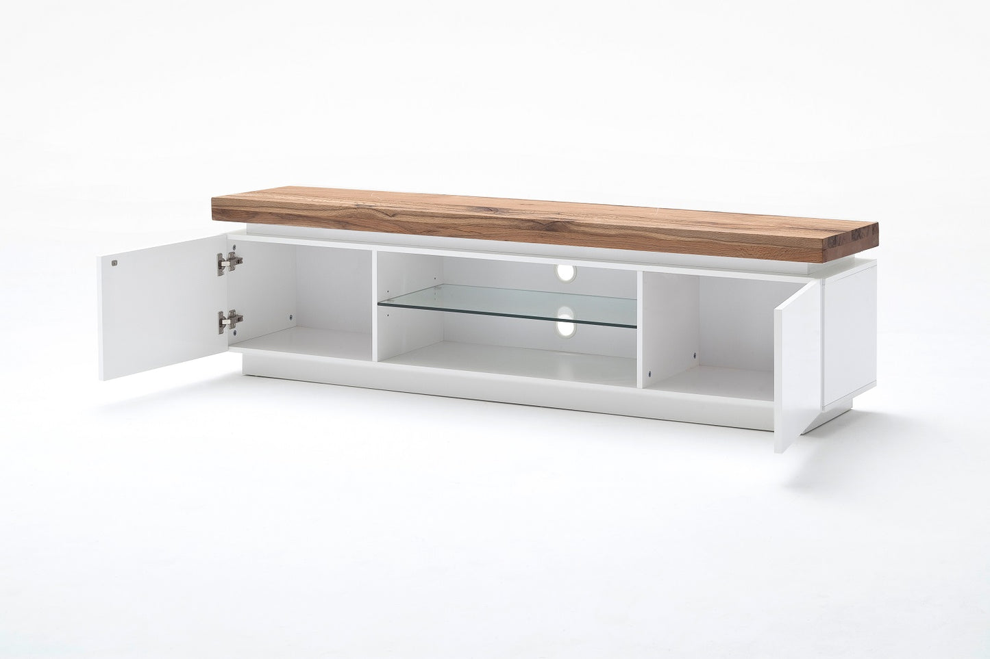 TV-Schrank Lowboard weiß matt MDF Eiche massiv Fach Grifffräsung 175 cm Romino