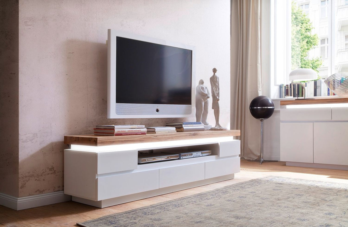 TV-Schrank Lowboard weiß matt MDF Eiche massiv Schublade Fach 175 cm Romino
