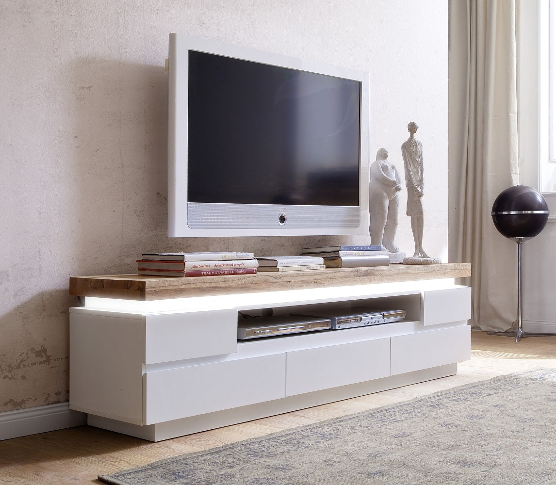 TV-Schrank Lowboard weiß matt MDF Eiche massiv Schublade Fach 175 cm Romino