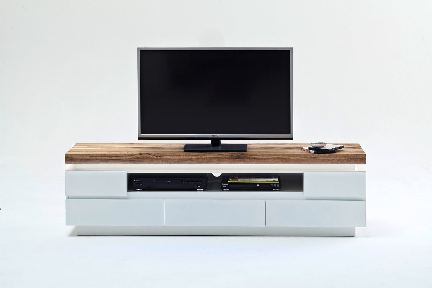 TV-Schrank Lowboard weiß matt MDF Eiche massiv Schublade Fach 175 cm Romino