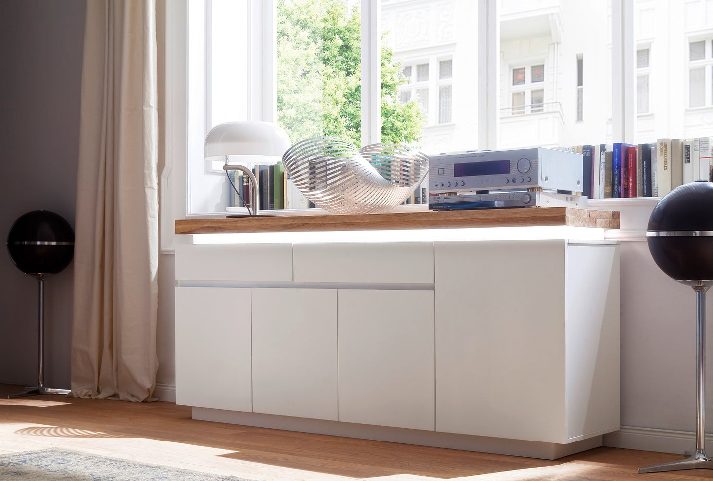 Sideboard Schrank weiß matt MDF Eiche massiv Tür Schublade lackiert 175 cm Romino