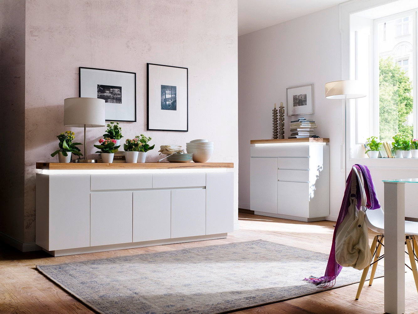 Kommode Schrank weiß matt MDF Eiche massiv Tür Schublade lackiert 120 cm Romino