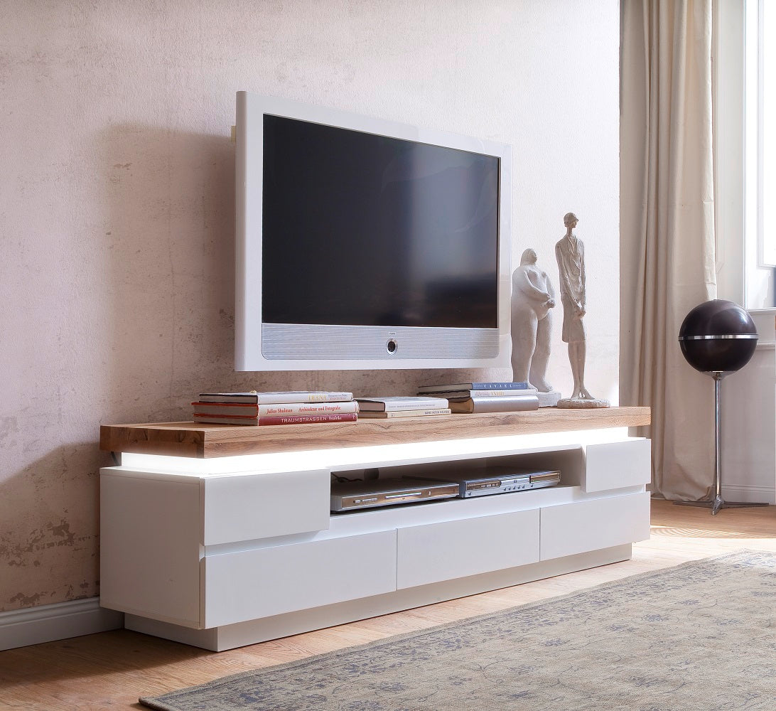 TV-Schrank Lowboard weiß matt MDF Eiche massiv Schublade Fach 175 cm Romino