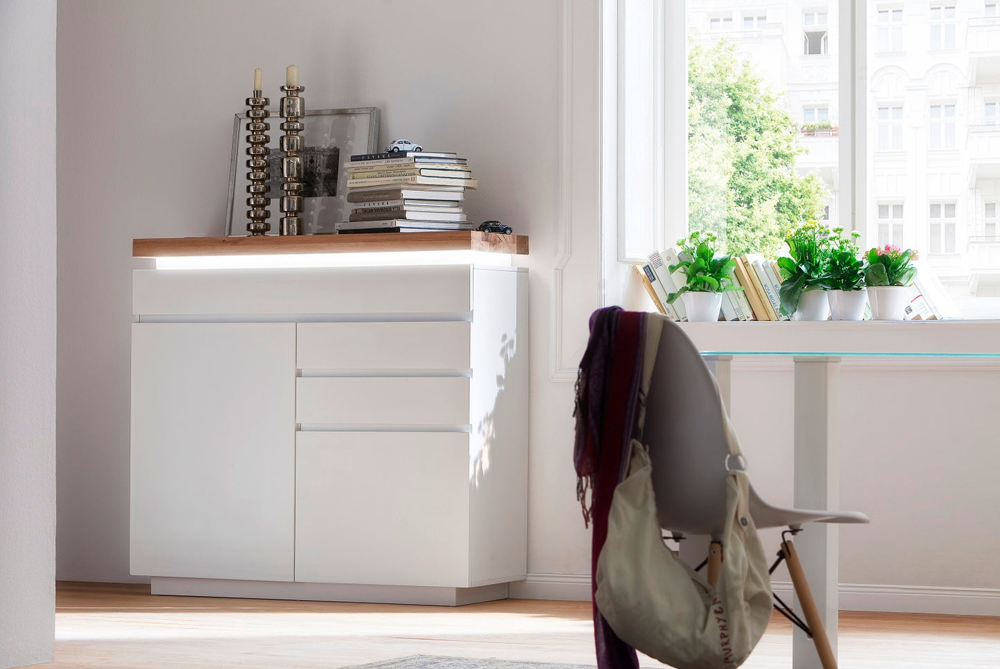 Kommode Schrank weiß matt MDF Eiche massiv Tür Schublade lackiert 120 cm Romino