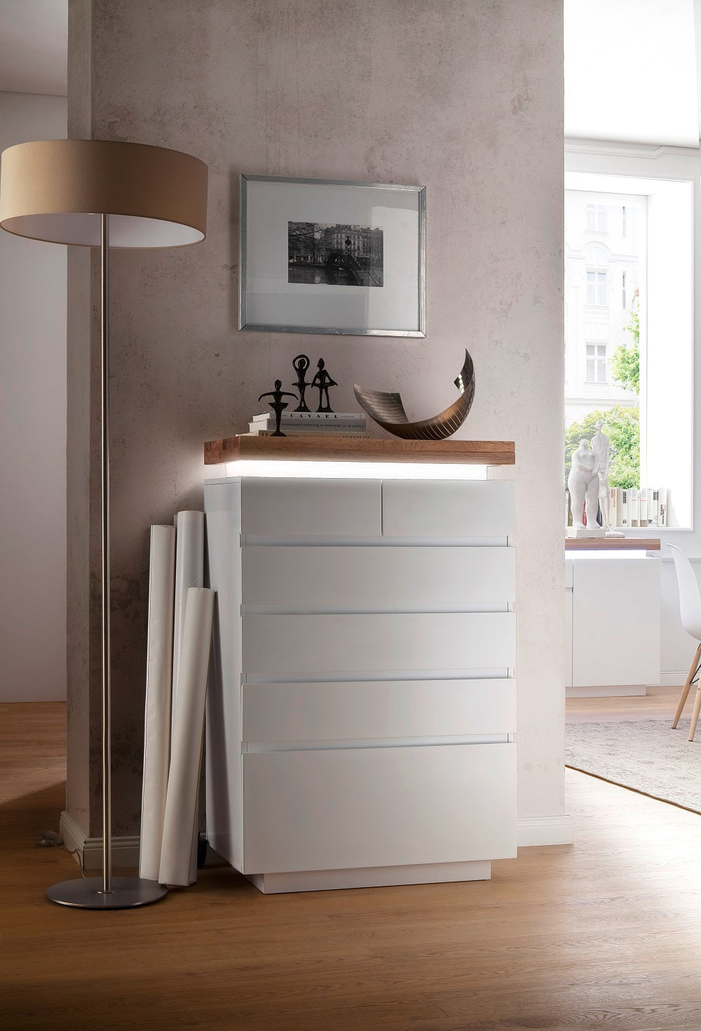 Kommode Schrank weiß matt MDF Eiche massiv Schubladen lackiert 73 cm Romino
