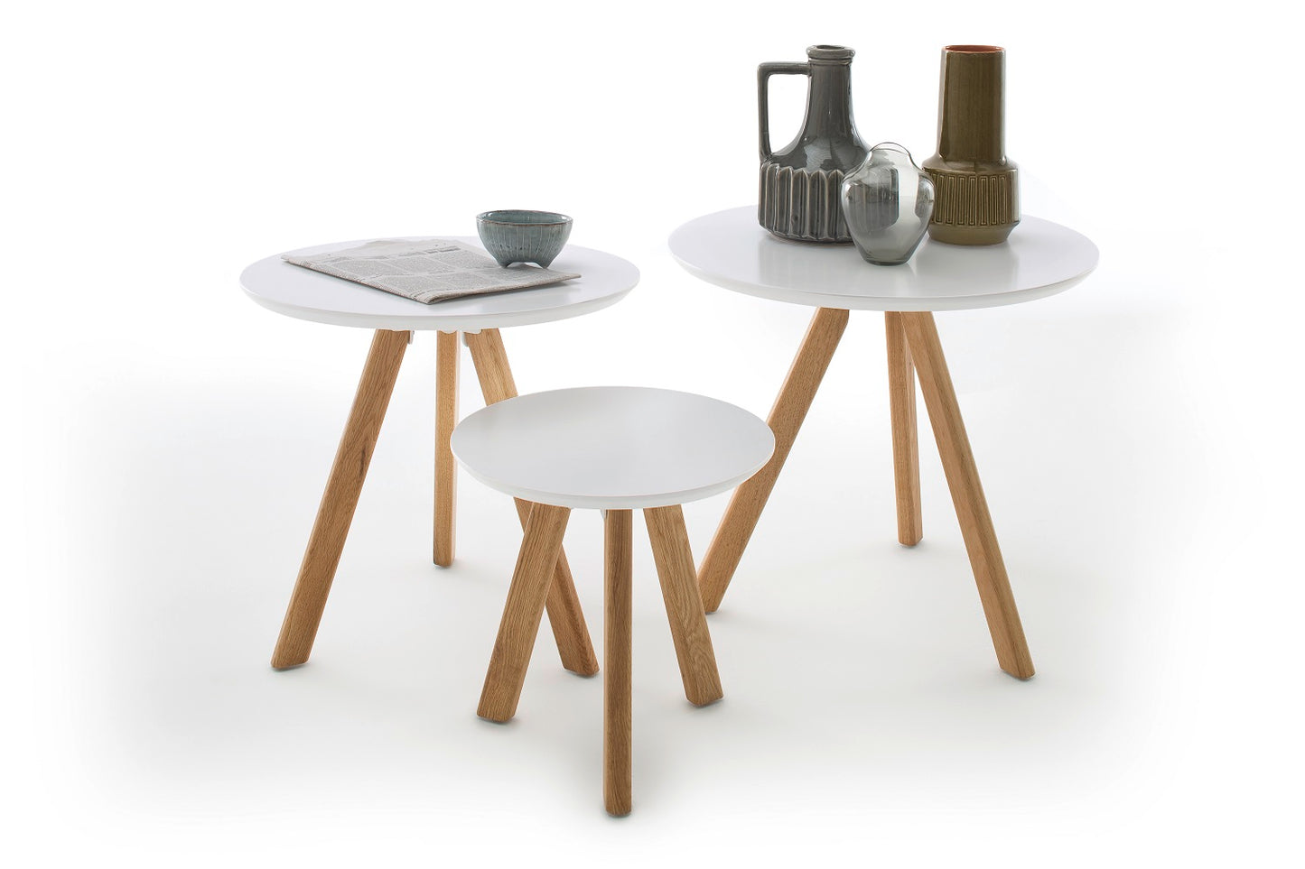 Couchtisch Tisch 3er Set Tische weiß MDF matt lackiert Eiche massiv 50 cm Sinia