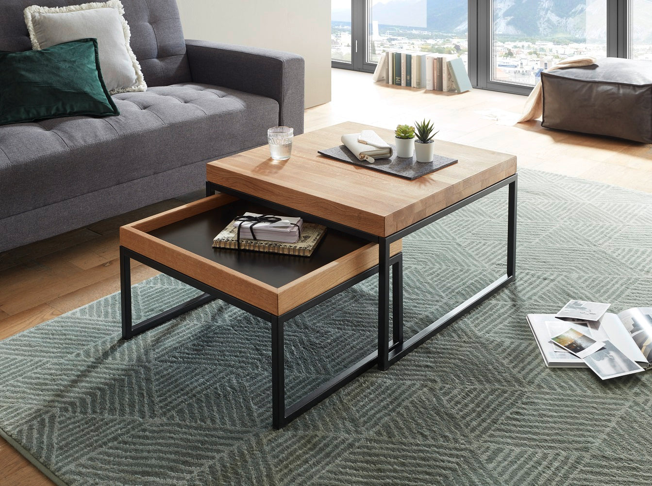 Couchtisch Wohnzimmertisch 2er Set Asteiche-massiv MDF quadratisch geölt 65 cm
