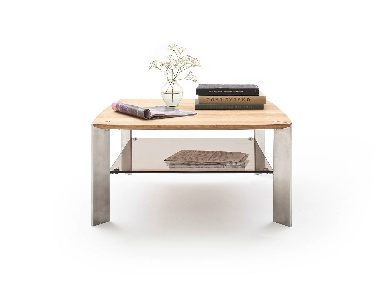 Couchtisch Wohnzimmertisch Eiche-massiv Glas quadratisch 80 cm Neli