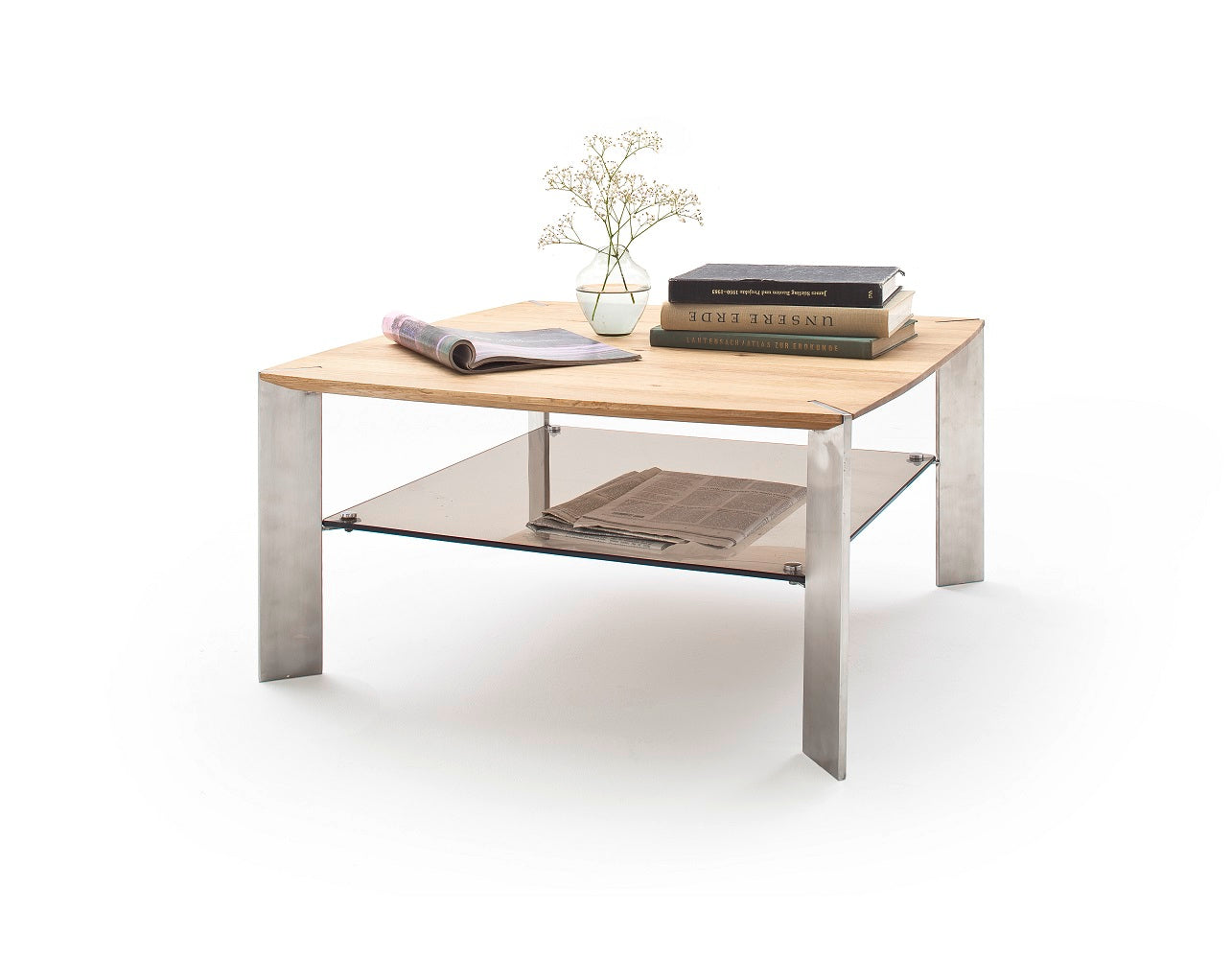 Couchtisch Wohnzimmertisch Eiche-massiv Glas quadratisch 80 cm Neli