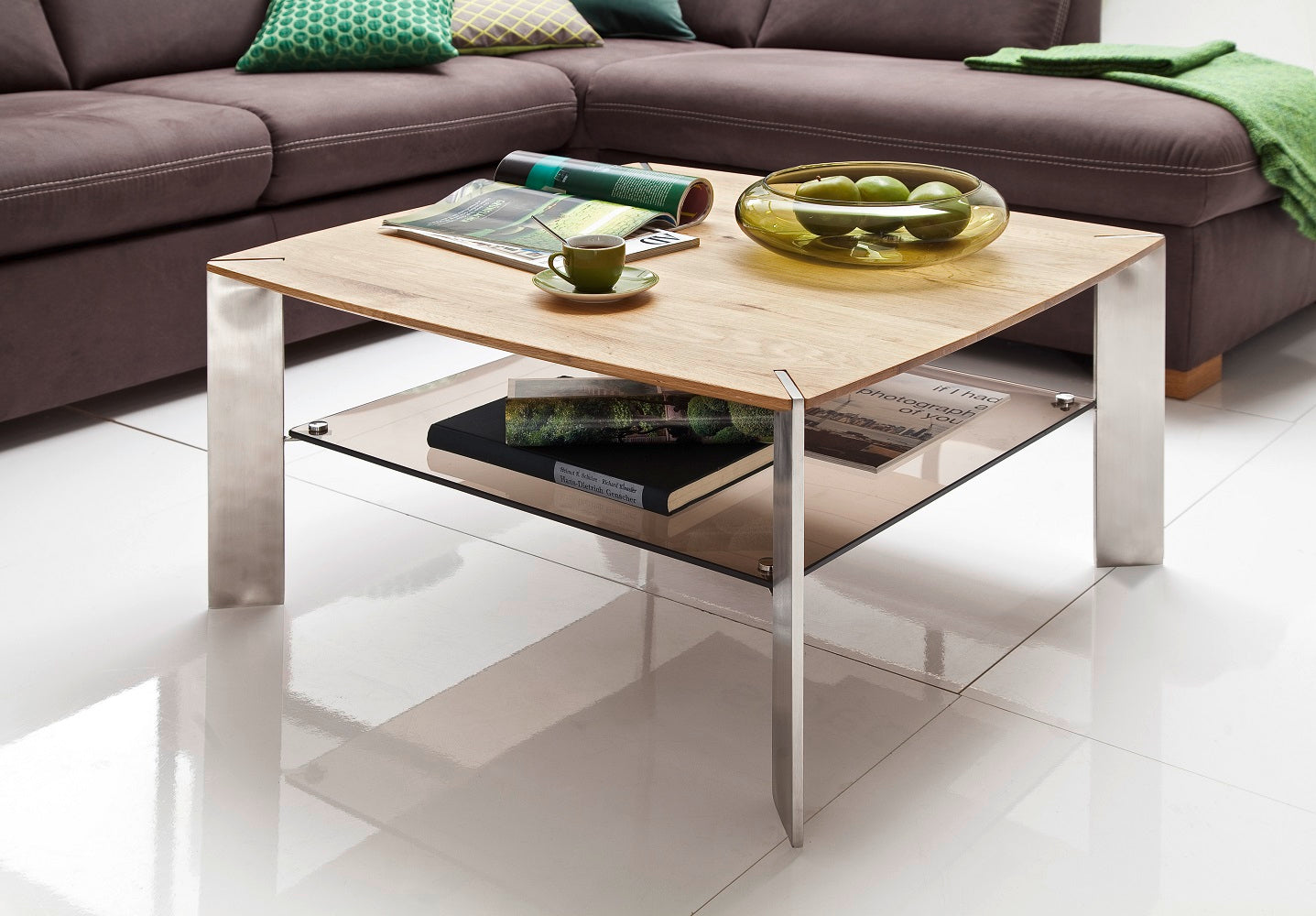 Couchtisch Wohnzimmertisch Eiche-massiv Glas quadratisch 80 cm Neli