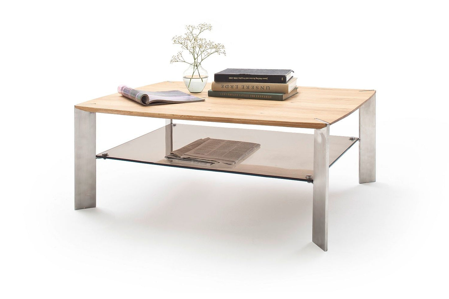 Couchtisch Wohnzimmertisch Eiche-massiv Glas rechteckig 120 cm Neli