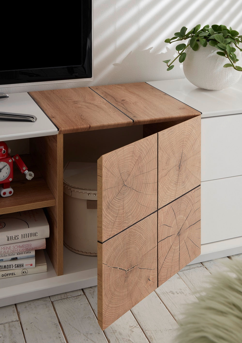 TV-Schrank Lowboard matt lackiert Eiche Optik weiß holz modern 180 cm Montere