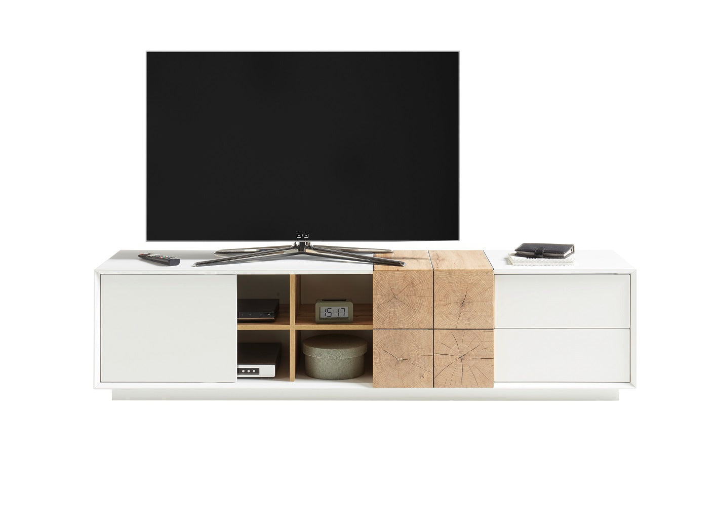 TV-Schrank Lowboard matt lackiert Eiche Optik weiß holz modern 180 cm Montere