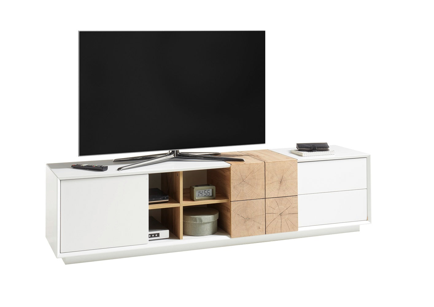 TV-Schrank Lowboard matt lackiert Eiche Optik weiß holz modern 180 cm Montere
