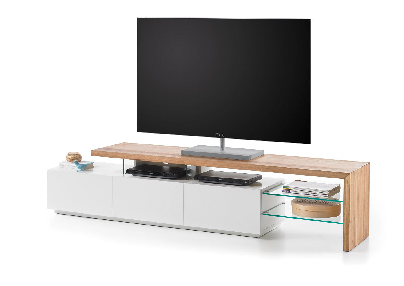 TV-Schrank Lowboard I Asteiche-massiv holz matt lackiert weiß stil 204 cm Alimo