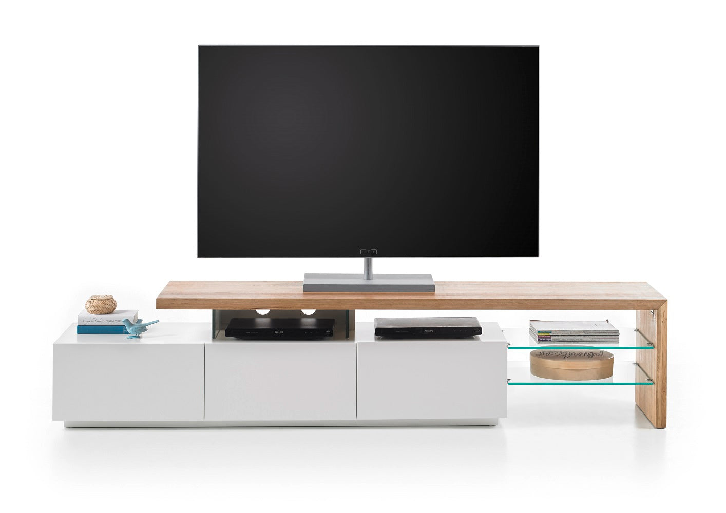 TV-Schrank Lowboard I Asteiche-massiv holz matt lackiert weiß stil 204 cm Alimo