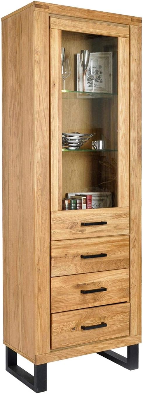 Vitrine TINA – Eiche teilmassiv mit schwarzen Metallkufen