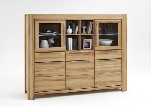 Highboard NENA BUK – Massive Buche mit Glastüren, Schubladen &amp; Bücherfächern