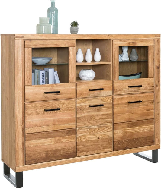Highboard TINA – Eiche teilmassiv mit Glas- und Holztüren