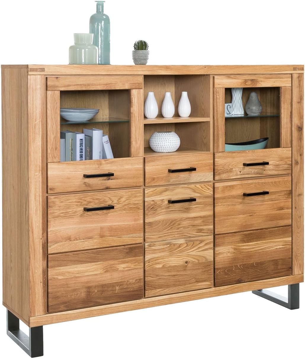 Highboard TINA – Eiche teilmassiv mit Glas- und Holztüren