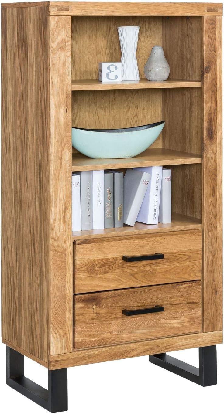 Regal TINA – Eiche teilmassiv mit Schubkästen und schwarzen Metallkufen
