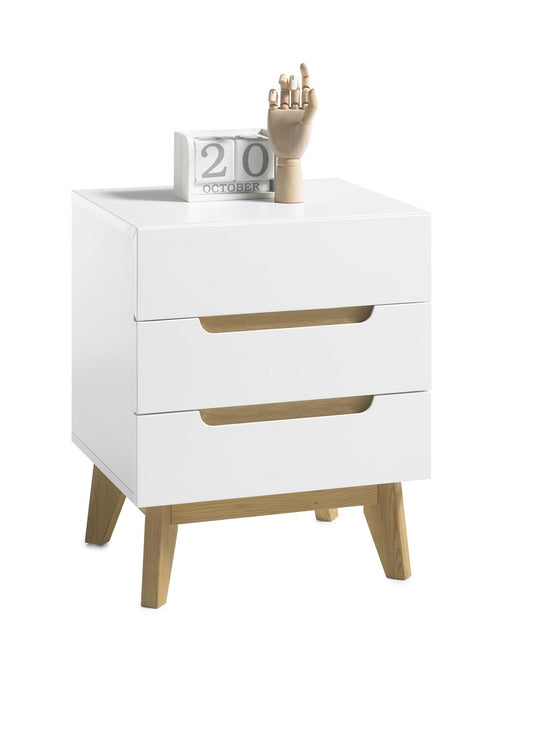 Nachtkonsole Nachtschrank weiß matt MDF Asteiche furniert Massiv Schublade 48 cm