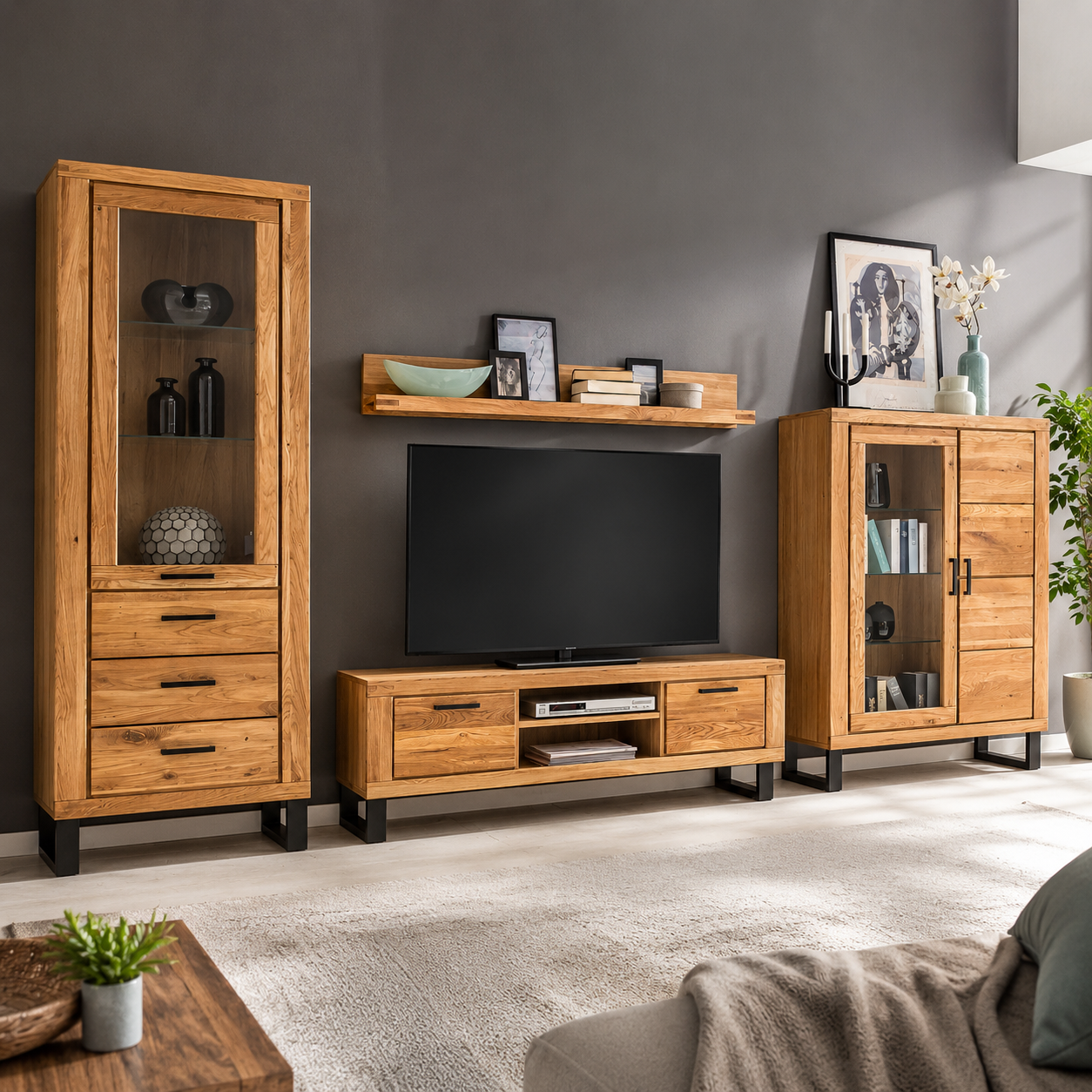 TV-Kommode Lowboard Schrank Schublade Wildeiche teilmassiv Natur geölt 138 cm