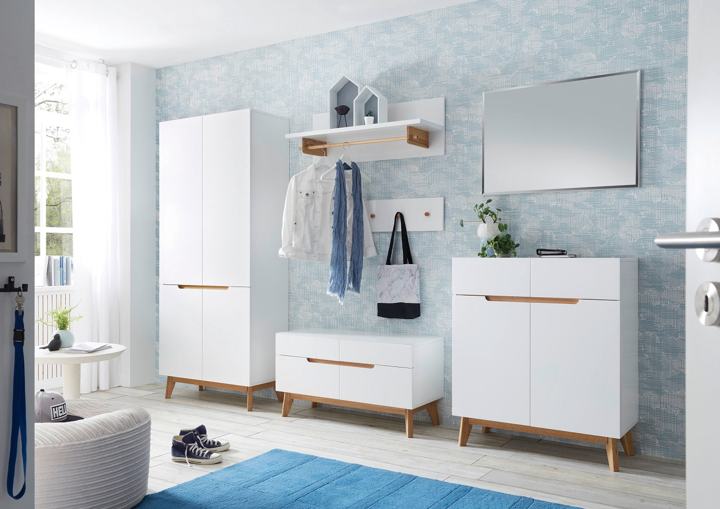 Garderobe Kleiderstange Flur weiß matt MDF Asteiche furniert Massiv 97 cm Cervin