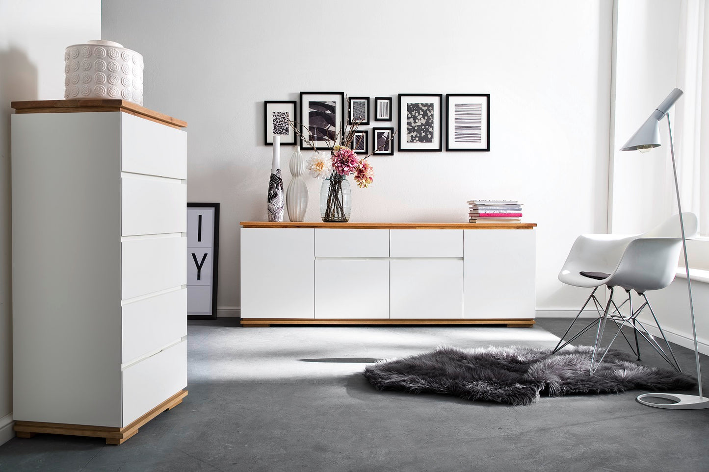 Highboard Schrank Asteiche-massiv matt lackiert geölt weiß holz 102 cm Chiara