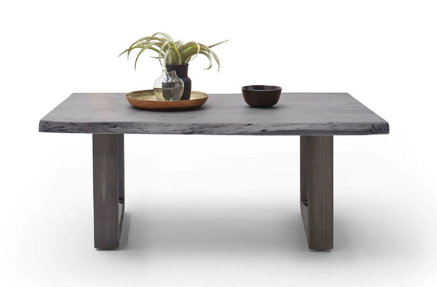 Couchtisch Baumkantentisch Akazie-massiv U-Form rechteckig grau lackiert 110 cm