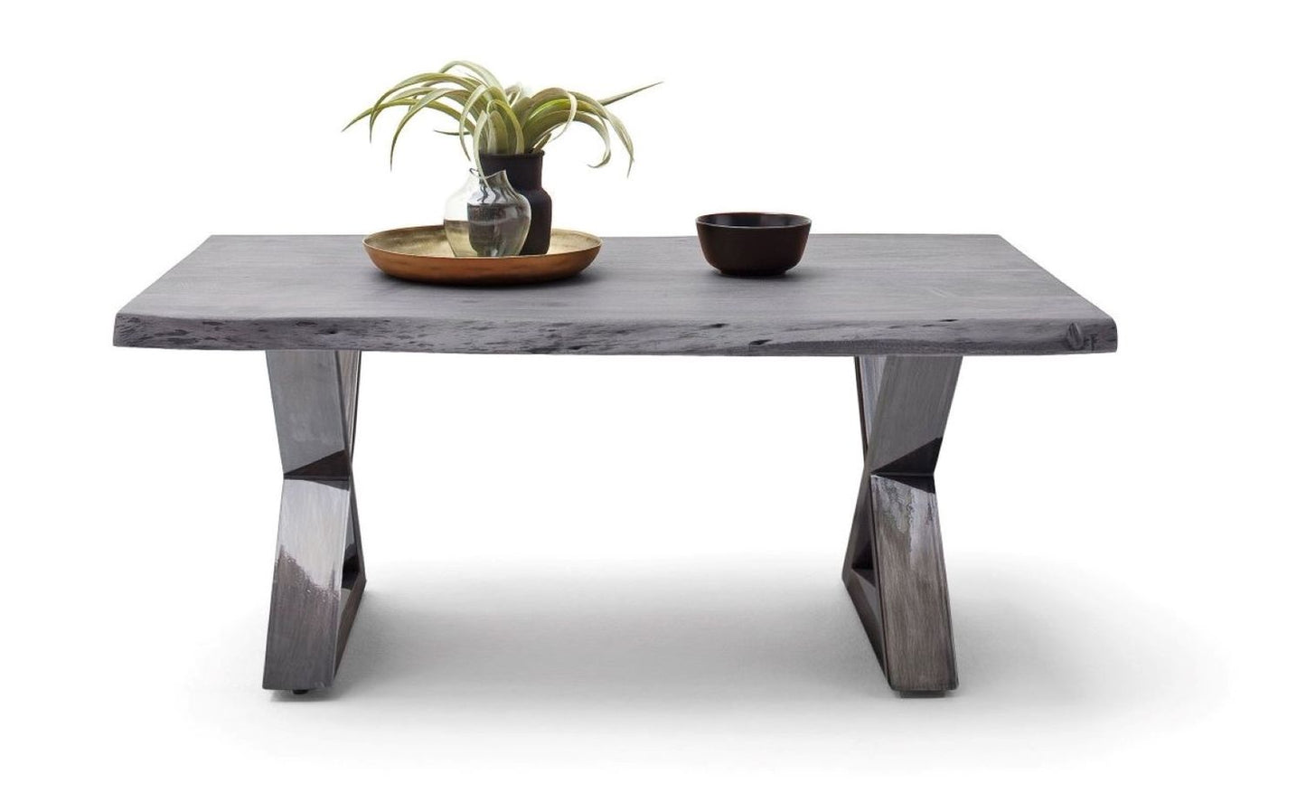 Couchtisch Baumkantentisch Akazie-massiv X-Form rechteckig grau lackiert 110 cm