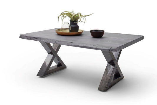 Couchtisch Baumkantentisch Akazie-massiv X-Form rechteckig grau lackiert 110 cm